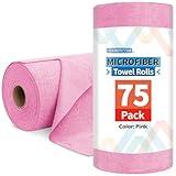 HOMERHYME Microfiber Cleaning Cloth Roll, 75 Pack Tear Away Microfiber Towel, Reusable Washable Shop Towels, Lint Free Cleaning Rags for Car Home Kitchen Garage & Automotive 11.5"x11.5" Pink
