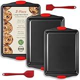 Baking Sheet Set, 3-Piece Cookie Sheet Set with Silicone Handles, Steel Baking Pans Set, Durable Baking Sheets for Oven, BPA Free Cookie Sheets for Baking Nonstick Set, Sheet Pan - Black Baking Tray