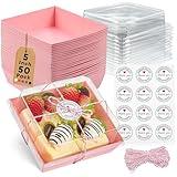 Leafiew 50 Pack Small Clear Treat Boxes - Dessert Boxes To Go - 5Inch Disposable Paper Mini Containers for Cookie, Cake Slice, Charcuterie, Bakery, Pastry, Strawberry, Baked Goods Packaging (Pink)