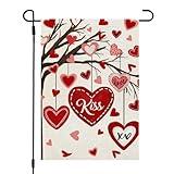 CROWNED BEAUTY Valentines Day Garden Flag 12x18 Inch Double Sided for Outside Small Burlap Love Hearts Tree Red Holiday Yard Decoration