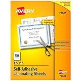 Avery 73601 Self-Adhesive Laminating Sheets, 9 x 12 Inch, Permanent Adhesive, 50 Clear Laminating Sheets