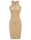 GRACE KARIN Women Wedding Guest Dress Gold Formal Prom Dress Gold Velvet Sequin L