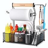 FANGSUN Large Grill Utensil Caddy, Picnic Condiment Caddy, BBQ Organizer for Outdoor Grilling, Camping Caddy with Paper Towel Holder for Plate Cutlery, Grill Accessories Storage for Tailgating, Black