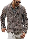 Mens Cable Knit Cardigan Sweater Shawl Collar Loose Fit Long Sleeve Casual Cardigans Brown