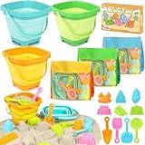 Dreamon Beach Toys for Kids 3-10, Collapsible Sand Toys Include 3 Pack Foldable Buckets with Mesh Bag, 24 PCS Beach Mold and Shovels Molds, Travel Sandbox Beach Toys for Toddler