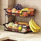 GILLAS 2 Tier Countertop Fruit Basket with 2 Banana Hangers for Kitchen, Detachable Metal Organizer for Bread Vegetable Fruits with Wooden Handle, Large Capacity Rectangular Storage Stand Bowls, Black