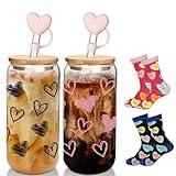 Valentine's Day Glass Cups with Socks, Valentines Day Gifts For Him/Her, 18 OZ Hearts Glass Cups Gifts,Warm Socks for Women Men, Couple Iced Coffee Cups,Glass Cups with Lids and Straws - 2 Sets
