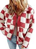 SHEWIN Fall Jackets For Women 2024 Casual Plaid Sherpa Jacket Loose Lightweight Fleece Womens Coats Winter Clothes Fiery Red Medium