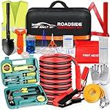 Car Emergency Roadside Tool kit,Road Side Safety Assistance Kit for Women Men Adult,Auto Truck Vehicle Emergency Bag with Shovel Jumper Cable First Aid Kit Blanket Front Rear Cover Alignment Tool