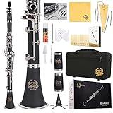 Rhythm Bb Clarinet 17 Nickel Keys Woodwind Band & Orchestra Musical Instruments for Beginners Includes Case, Stand, 10 Reeds and Cleaning Kit-Black/Silver keys