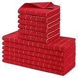 Homaxy Kitchen Towels and Dishcloths Set, 12 x 12 and 13 x 28 Inches, Set of 12 Bulk Cotton Terry Kitchen Towels Set, Checkered Designed, Soft and Super Absorbent Dish Towels, Red