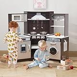 TaoHFE Corner Play Kitchen with Lights & Sounds Brown Kitchen Kids Toddler Kitchen Set with Washer, Chalkboard Wooden Kitchen Kids Playset with Washing Machine Range Hood Boys Gift for Ages 3+