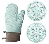 Domonic Home Oven Mitts and Pot Holders Sets, Silicone Heat Resistant 600F, Soft Lining Good Grip, Oven Gloves and Trivet Mats 4 Piece Set, Aqua Sky