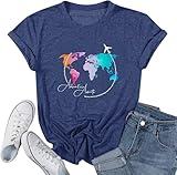 Travel Graphic Tees for Women World Travel T Shirt Adventure Awaits Letter Print Short Sleeve Summer Casual Holiday Tops-M(Navy Blue)