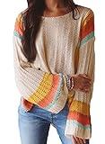 Dokotoo Womens Sweaters 2025 Spring Summer Casual Crewneck Color Block 3/4 Length Sleeve Tops Oversized Baggy Lightweight Cable Knit Pullover Sweaters Boho Tops Small