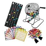 SUTIMSHE Deluxe Bingo Game Set,Bingo Set Includes Metal Cage,600 Mixed Color Plastic Chips,100 Large Cards,75 Bingo Balls,Plastic Masterboard, 2 Velvet Bag,Great for Adults Large Group and Parties