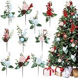 FineCheer 10 Pcs Pastel Color Christmas Tree Picks Christmas Berry Stems with Lollipop Peppermint Picks Christmas Red Green Candy Canes Berry Tree Picks for Holiday Xmas Tree