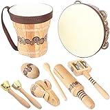 Kallwong Wooden Musical Instruments Set for Kids,7 Types Percussion Set,Bongo Drum,Tambourine 8 inch...Natural Sheepskin Drumhead,Toddler Musical Toys,Gift for Rhythm Montessori Class Education