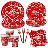 Valentine's Day Party Supplies Red Heart Love Valentine's Day Disposable Tableware Including Plates, Napkins, Cups, Forks for Valentine's Day, Engagements, Anniversary, Serve 24