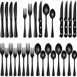 24-Piece Black Silverware Set with Steak Knives, Black Flatware Set for 4, Food-Grade Stainless Steel Tableware Cutlery Set, Mirror Finished Utensil Sets for Home Restaurant