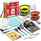 Baketivity Kids Cooking Set Real Utensils With Kitchen Tool Guide - Complete Junior Cooking Set Gift For Girls Or Boys With Mixing Bowls, Cutting Board, Knife, Apron - Kids Baking Set For Real Cooking