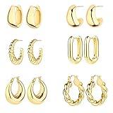 6 Pairs 14K Gold Hoop Earrings for Women Lightweight Chunky Hoop Earrings Multipack Hypoallergenic, Thick Open Twisted Huggie Hoops Earring Set Jewelry for Gifts. (Gold)