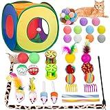 Retro Shaw Cat Toys Set 33 PCS, Interactive Cat Kitten Toys for Indoor Cats Kitty with Collapsible Cat Play Tunnel Tube Tent Cat Feather Wand Teaser Cat Bell Fuzzy Ball Springs Mouse Toys