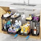 Delamu 4 Pack Under Sink Organizers and Storage, 2 Tier Pull Out Bathroom Cabinet Organizer, L-Shape Black Under Kitchen Sink Organizer, Under Counter Storage Organizer with Drawer