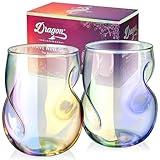 Dragon Glassware Stemless Wine Glasses - Stemless Wine Glass Set with Finger Indentations - Set of 2, 16 oz Iridescent Short Wine Glasses Set - Red Wine Glasses - Naturally Aerates Wine