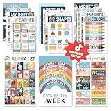 Hadley Designs 16 Educational Posters for Toddlers 1-3, Laminated Toddler Learning Posters for Preschool & Kindergarten, ABC Chart, Numbers, Colors, Shapes, Days of The Week, Boho Classroom Decor