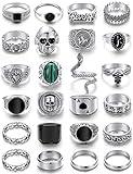 Vintage Silver Punk Rings Set for Men, Cool Gothic Chunky Rings Bulk, Skull Snake Spade Ace Malachite Stackable Hippie Knuckle Rings Pack, Trendy Men's Jewelry Gift for Him (Vintage silver，size 9~10, 24pcs)