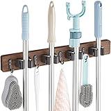 OUTNILI Mop and Broom Holder Wall Mount - Rustic Wood Broom Mop Hanger - Wall Mounted Garden Tool Rack Organizer for Closet Garage Laundry Room Kitchen Decor With 4 Slots & 4 Hooks