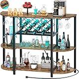 Unikito Wine Rack Table with Socket and LED Light, Floor Bar Cabinet for Liquor and Glasses, Wood Coffee Bar Table with Adjustable Wine Rack, FreeStanding Sideboard and Buffet Cabinet, Rustic