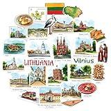 Navy Peony Historic Lithuania Travel Stickers (28pcs) - Hand Illustrated, Vilnius, Baltic-Themed Decals for Journals, Scrapbooks, Luggage