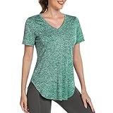 Alovien Short Sleeve Workout Shirts Women Loose Fit, V-Neck Women Exercise T-Shirt Workout Top, Dry Fit Yoga Gym Sport Tops, Green,S
