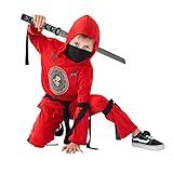 Udekit Deluxe Red Ninja Costume with Weapon Ninja Sword, Hood Pant and Ribbons for Kids Halloween Cosplay for Age 9 to 12