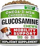 Glucosamine Treats for Dogs - Joint Supplement w/Omega-3 Fish Oil - Chondroitin, MSM - Advanced Mobility Chews - Joint Pain Relief - Hip & Joint Care - Peanut Butter Flavor - 120 Ct