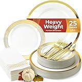 By Madee High End Thanksgiving Disposable Dinnerware Set - 175 Pcs 25 Guests – White & Gold Plastic Plates, Cutlery Linen Feel Napkins - Elegant and Effortless for Fall Holiday Hosting