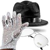 King of Pop MJ Costume with Bad LP Accessories, Black Fedora Hat, Silver Sequin Glove, Aviator Sunglasses, and Thank You Card Novelty Cosplay and Halloween Dress Up Props