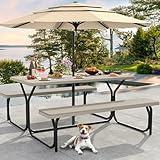 DWVO 6FT Picnic Table, Heavy Duty Outdoor Picnic Table and Bench w/Umbrella Hole, Resin Tabletop & Stable Steel Frame Perfect for Yard Patio Lawn Party, Light Brown