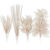 Sea Team 36-Pack Artificial Glitter Pine Twigs, Spruce Stem Ornaments, Decorative Fern Sticks, Picks, Branches for Christmas Tree, Wreath, Vase Fillers for Centerpieces, Home Décor, Champagne