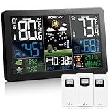 Weather Station Wireless Indoor Outdoor Thermometer with 3 Remote Sensors and Color Display Atomic Clock, Weather Thermometer Forecast Station with Sunrise Sunset Time and Tide Level