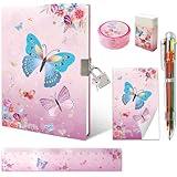 Butterfly Girls Diary with Lock, Set of Diary for Girls Incl. Kids Journal with Lock & Pen (6-Multicolor) Memo Ruler Sharpener Eraser Pink Girls Journal Writing Notebooks for Kids Gifts for Girls 6-8