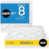 Simply 16x25x1 Air Filter, MERV 8, MPR 600, 6 Pack, For Home AC Furnace & HVAC (Actual Size: 15.75"x24.75"x0.75") DUST, Pet, & Allergy Control