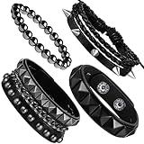 Sahoottie 4Pcs Studded Bracelets for Men Women 80s Emo Spike Grunge Punk Rock Leather Metal Cuff Bracelet Set Emo Jewelry Adjustable Halloween Accessories (Black Squares)