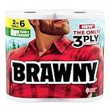 Brawny Tear-A-Square 3-Ply Paper Towels, 2 Triple Rolls = 6 Regular Rolls, Strong, Absorbent, and Durable with 3 Sheet Sizes (Quarter, Half, Full)