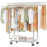 Hoctieon 2-Minute Assembly Double Rod Clothes Rack, Heavy Duty Rolling Clothing Racks with Wheels, Foldable Commercial Garment Rack, Extendable Hanging Bar, Adjustable Metal Pole with Hooks, Chrome