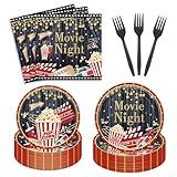 Utolily 96Pcs Movie Night Party Decorations Movie Theater Tableware Set Ticket Popcorn Star Now Showing Paper Plates Napkins Forks Serves 24 for Red Carpet Birthday Decorations