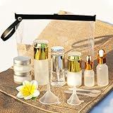 12Pack Premium Glass Travel Size Bottles, Mini Makeup Containers 1.3/0.7/0.3oz TSA Approved Gold Travel Skincare Containers Refillable BPA Free Leak Proof with Pump Spray for Liquid Toners Serum Cream