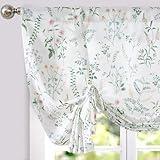 jinchan Floral Tie Up Linen Valance for Windows - Farmhouse 45 Inch Botanical Valance - Colorful Flower Kitchen Window Treatment for Living Room & RV - Light Filtering Sage Green